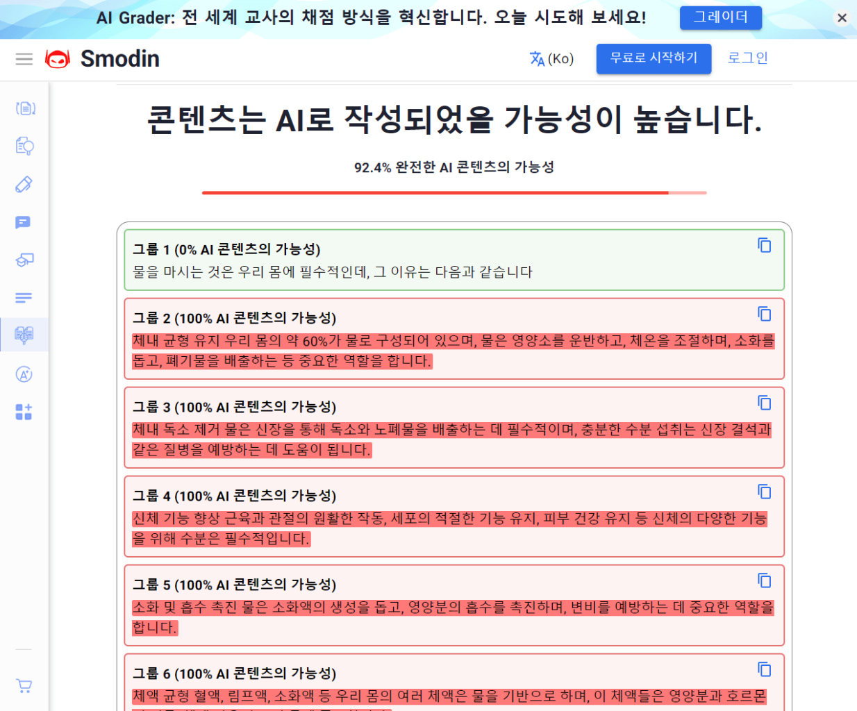 AI 판독기 Smodin의 판독 결과 사진