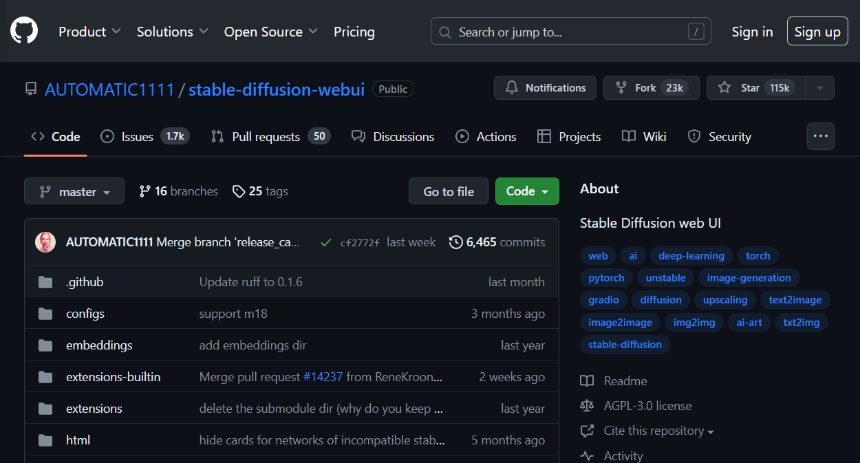 스테이블 디퓨전 웹UI 설치하는 GitHub 화면